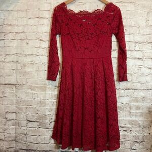 MissMay Dress Womens Small Red All Over Lace Overlay Off The Shoulder Midi Lined